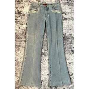 Azita Blue Light Wash Flower Beaded Pocket Flare Leg Jeans Size 30